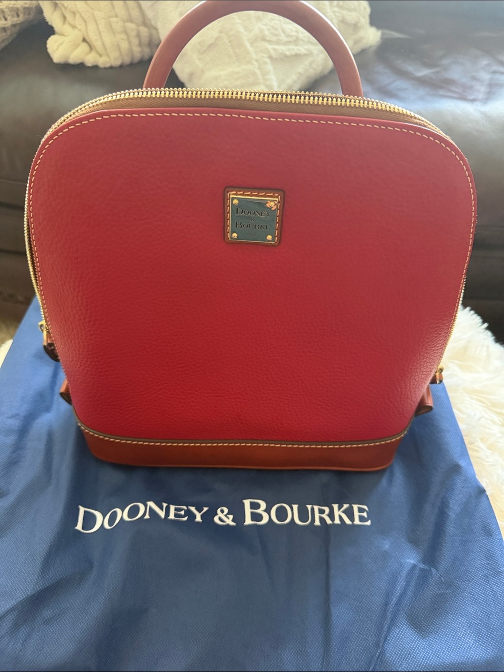 Dooney & Bourke Red Pebble Leather Backpack with Brown Trim